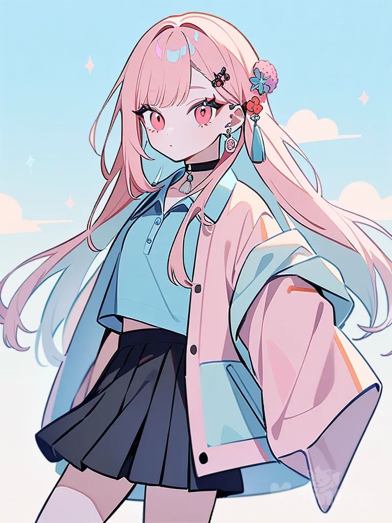 1girl, Demon Slayer style, original character, pastel colors, teenager, slim, sky blue straight long hair, red eyes, fair skin, polo shirt, crop-top shirt, oversized haori, short pleated skirt, raincoat, studs, tassels, hairpin, hair accessory, choker, jewelry, earrings, guốc gỗ đế xuồng cao, single character, full body, looking at viewer, anime style, simple background, white background