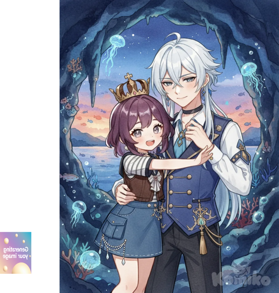 1boy, 1girl, 2people, <jenny-BlQ9>, Neuvillette (Genshin Impact), kawaii, watercolor (medium), waving, hugging, smile, smirk, blush, vest, cargo pants, casual pants, tassels, ruffles, lace, tie, earrings, necklace, choker, pearls, diamonds, jewelry, full body, twilight, cave, ocean, lake, aquarium