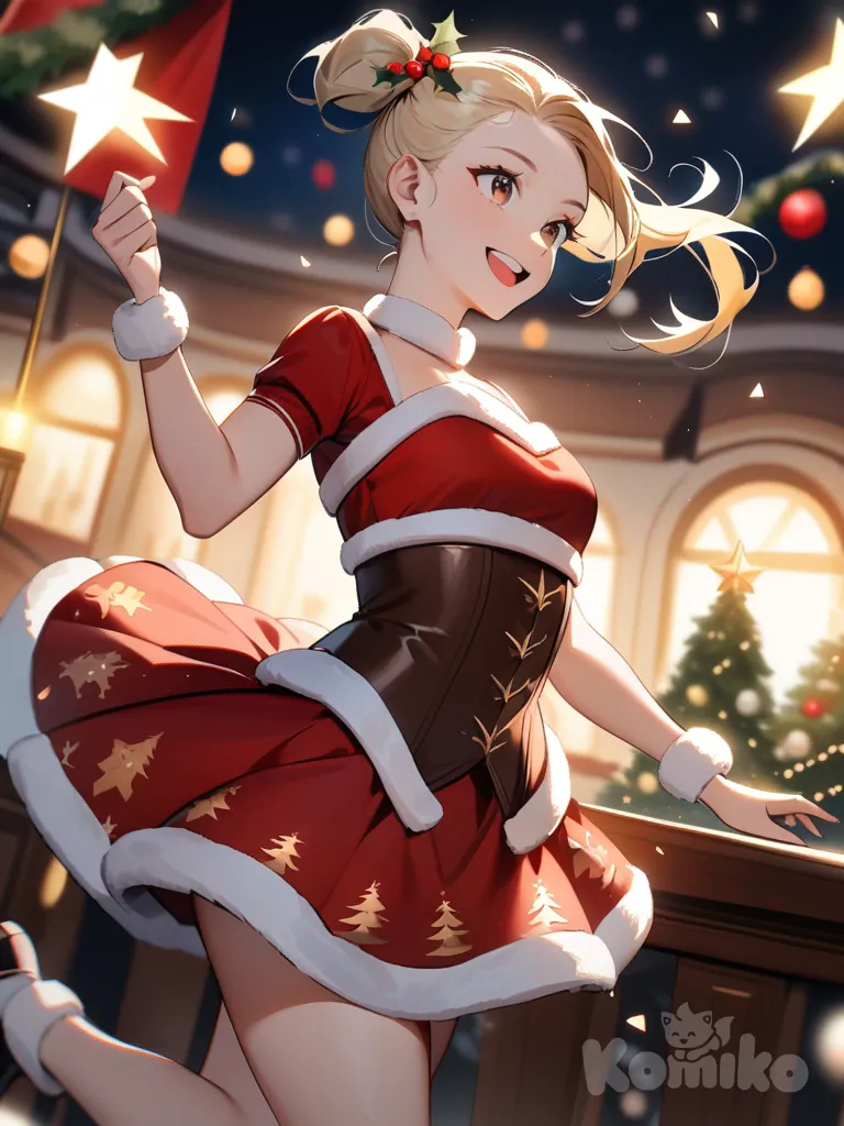 The photo depicts a full-length, athletic young woman with long, vibrant blonde hair tied back in pigtails. Her brown eyes radiate confidence with a radiant smile, radiating power and poise, stands confidently in christmas, She is adorned in a glossy red corset and a playful musical note-print miniskirt, her damp, platinum blonde hair meticulously slicked back, reflecting the warm, ambient light." . the background is filled with a striking starry sky, adding depth and enchantment to the image. Festive decorations enhance the Christmas theme, transforming the scene into a captivating and unforgettable holiday memory. Su cabello luce liso y bien definido, con suaves notas musicales y el nombre "Luis Arcy" flotando suavemente alrededor de sus pies reflejando su pasión por la música y el arte.