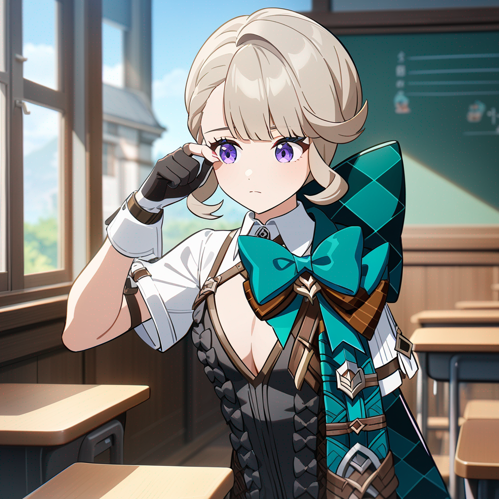 Lynette (Genshin Impact), celluloid, anime coloring, wiping tears, t-shirt, pleated skirt, front profile photo, day, classroom