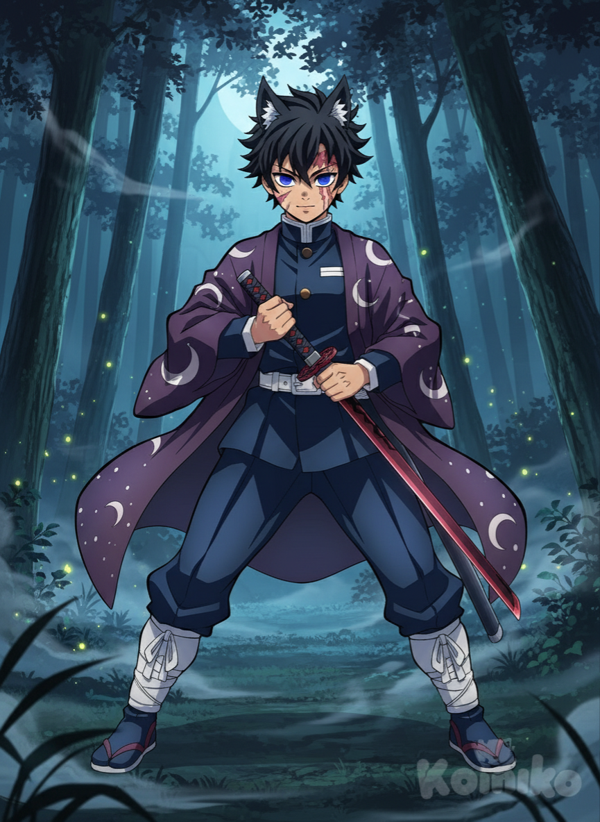 Create a captivating anime screen-cap of <rikou-hisako> set in the Demon Slayer universe. Showcase her in a Gakuran uniform layered beneath a traditional Haori jacket, enhanced by traditional accessories like tabi and Kyahan. Highlight the Demon Slayer Corps Nichirin blade with its striking red and black color scheme, depicting her confidently holding it in a wide, medium long shot. Set the scene in a night-time forest to enhance the atmosphere.