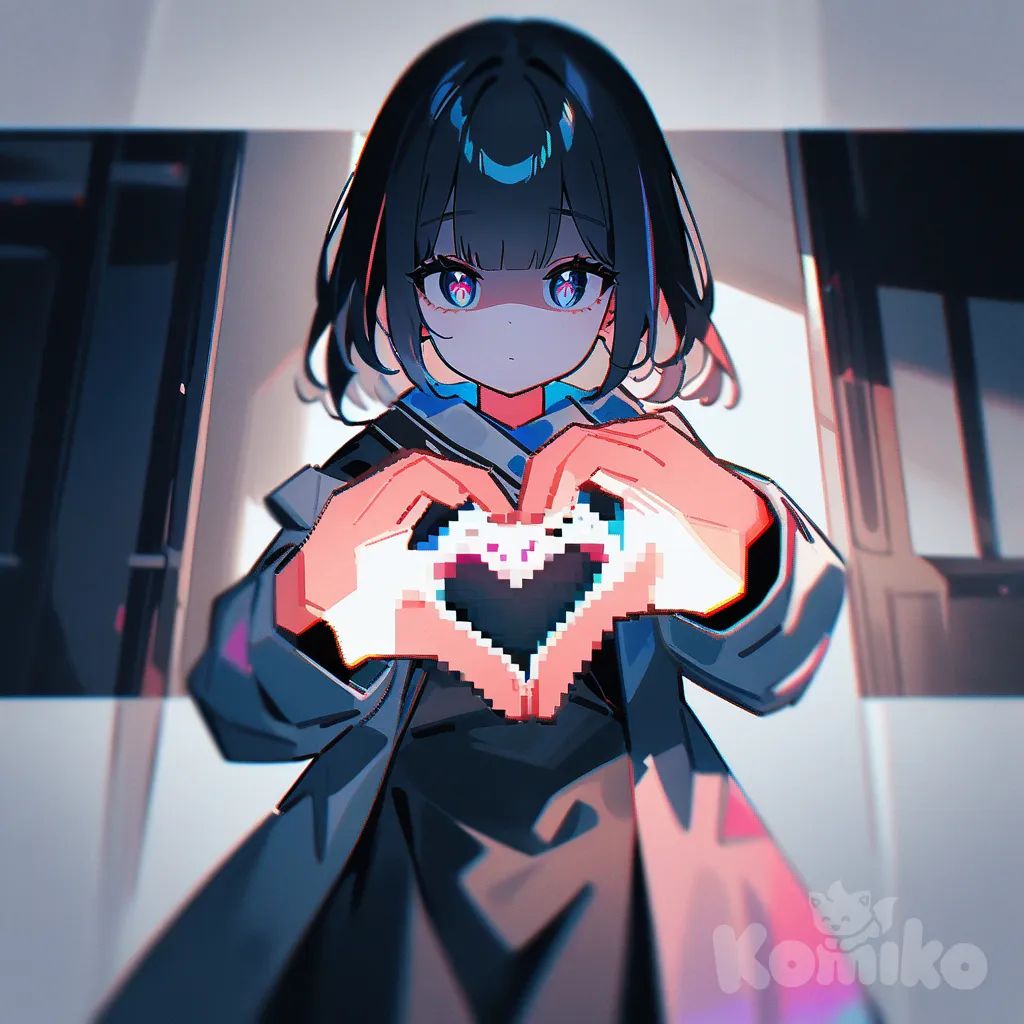 1girl, year 2025, cowboy shot, simple
background, mosaic, dithering, window
(computing),glitch, shaded face, diamond-shaped
pupils, heart hands, paper texture, chromatic
aberration, no text