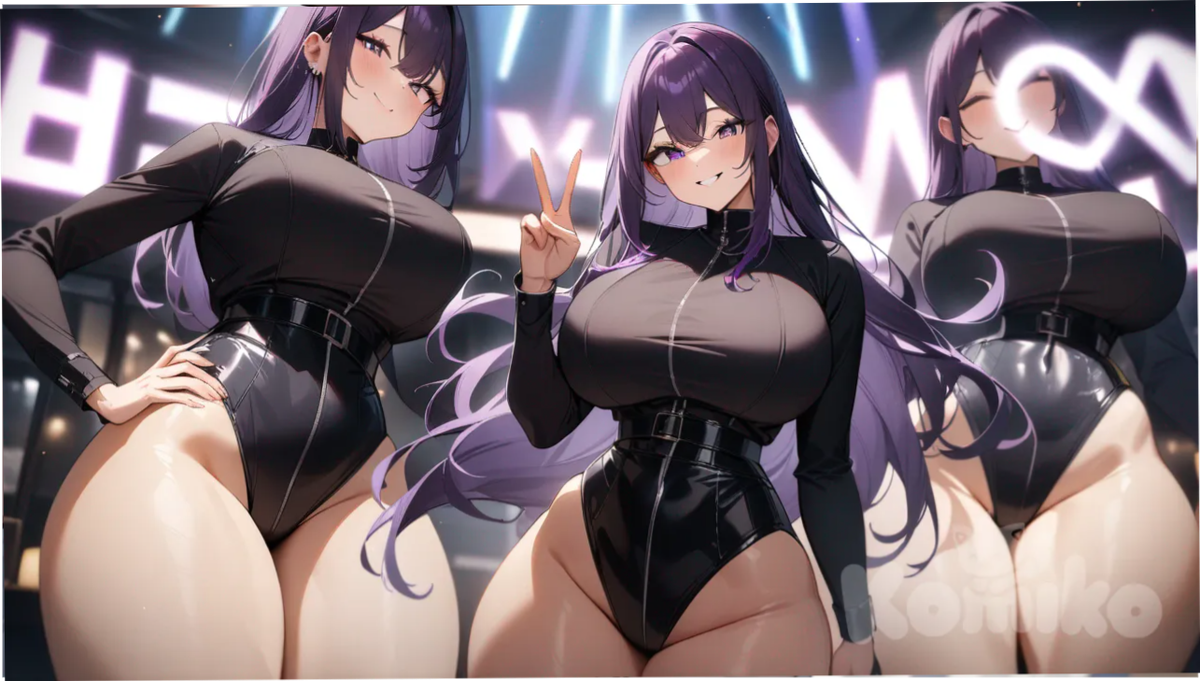 Tall girl, big breasts, thin waist, narrow hips, thick thighs, standing making peace and love signs, smiling, long hair, dark purple hair