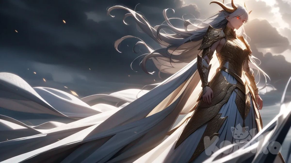 A tall model in a flowing white blue glamorous dresses, standing under a stormy sky, wind swirling the fabric, cinematic lighting, ultra‑sharp focus, A majestic warrior with long flowing silver hair and glowing crimson eyes, adorned with curved crystalline horns and clad in ornate armor engraved with dragon motifs. He wields three gleaming swords, each surrounded by swirling energy, while a massive serpentine dragon coils behind him in the sky, exhaling flames and lightning. The scene is drawn in highly manga style, with dramatic shading, bold ink lines, and dynamic action lines that emphasize power and movement. His stance is powerful and regal, cloak flowing in the storm winds, as if he is standing at the center of a legendary battle. Focus on expressive detail in the face, armor textures, dragon scales, and glowing energy effects, giving the entire scene an epic and cinematic manga atmosphere.
