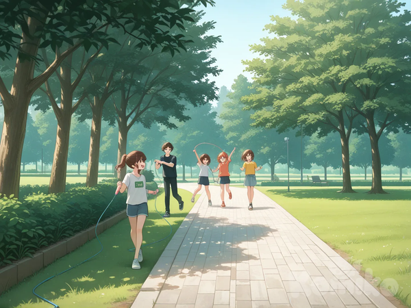 2 girls, 1 boy, play jump rope, in a park
