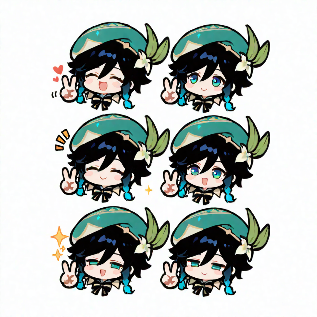 venti (genshin impact), chibi, thick lines, v sign, white background, half-closed eyes, blinking, chibi, thick lines, white background
