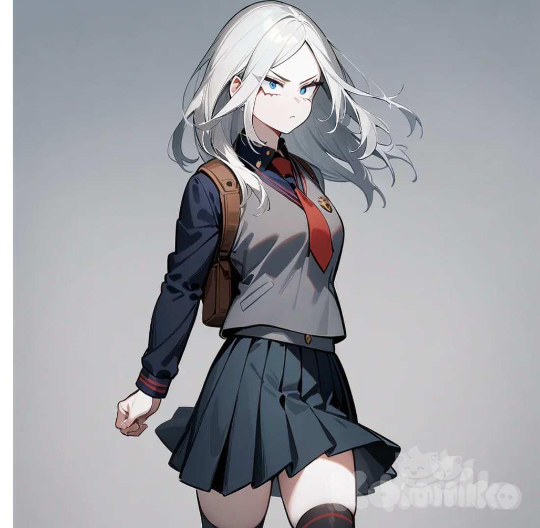 1 chica, My hero academia, cabello blanco lacio hasta la espalda, ojos rasgados azules, expresión seria, buen físico, piel palida, uniforme de la UA, falda plisada Verde oscuro, chaleco escolar gris manga larga, corbata roja, calcetines hasta la rodilla negras, zapatos marrones