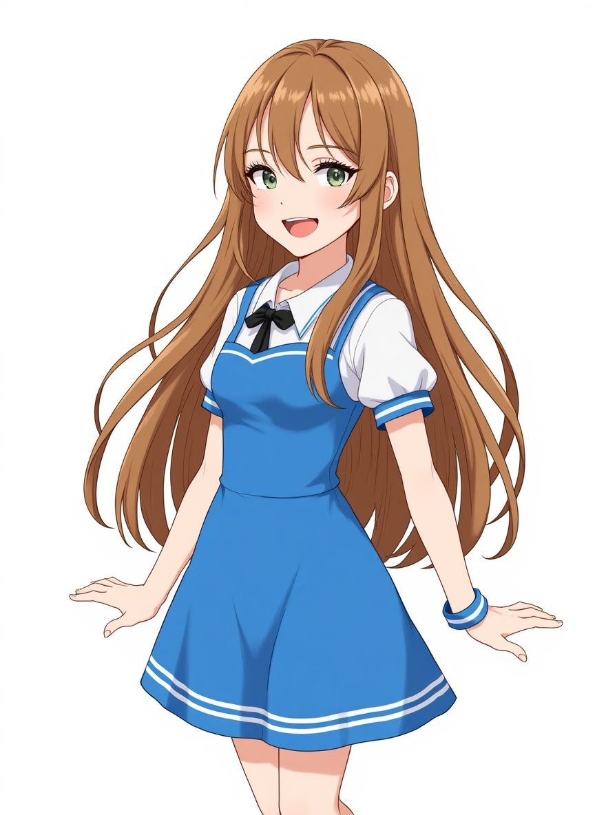 1girl, long flowing hair, wearing a blue dress, cheerful expression, single character, full body, looking at viewer, anime style, simple background, white background