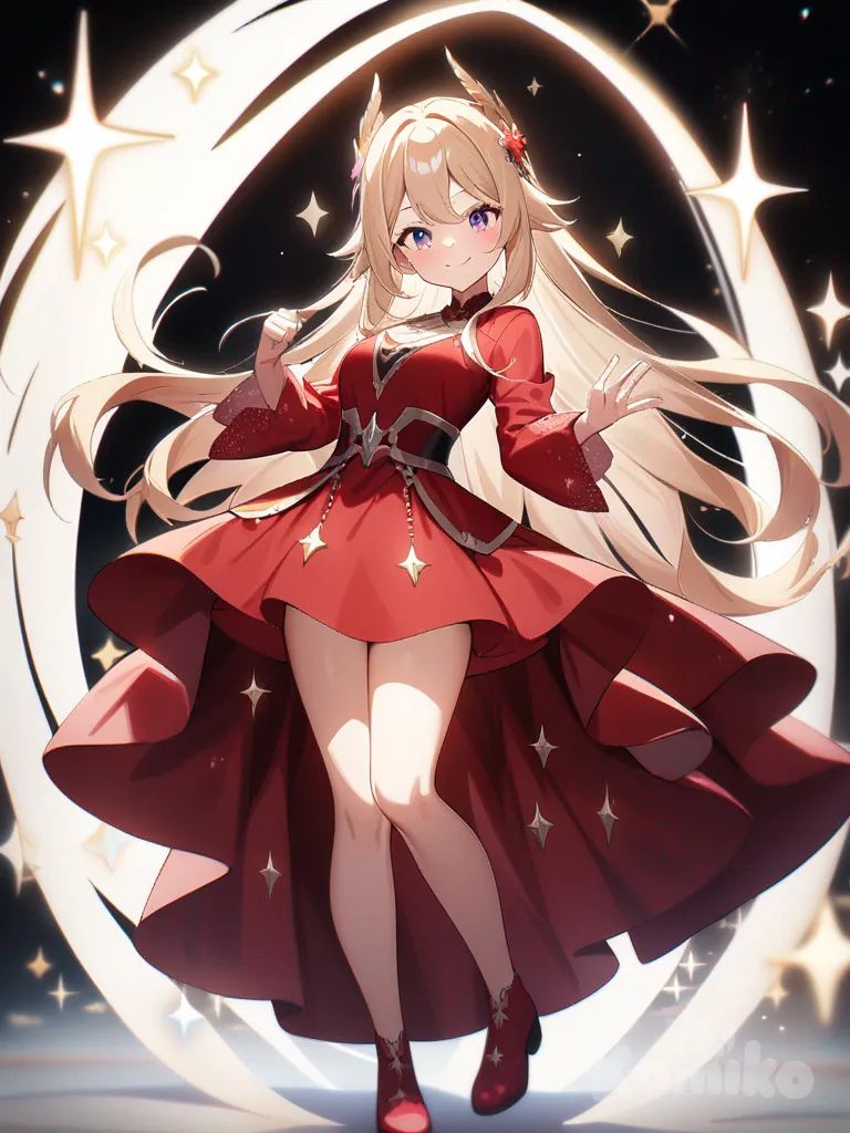 1girl, long flowing hair, wearing a red dress, enchanting smile, magical sparkles around her, single character, full body, looking at viewer, anime style, simple background, white background