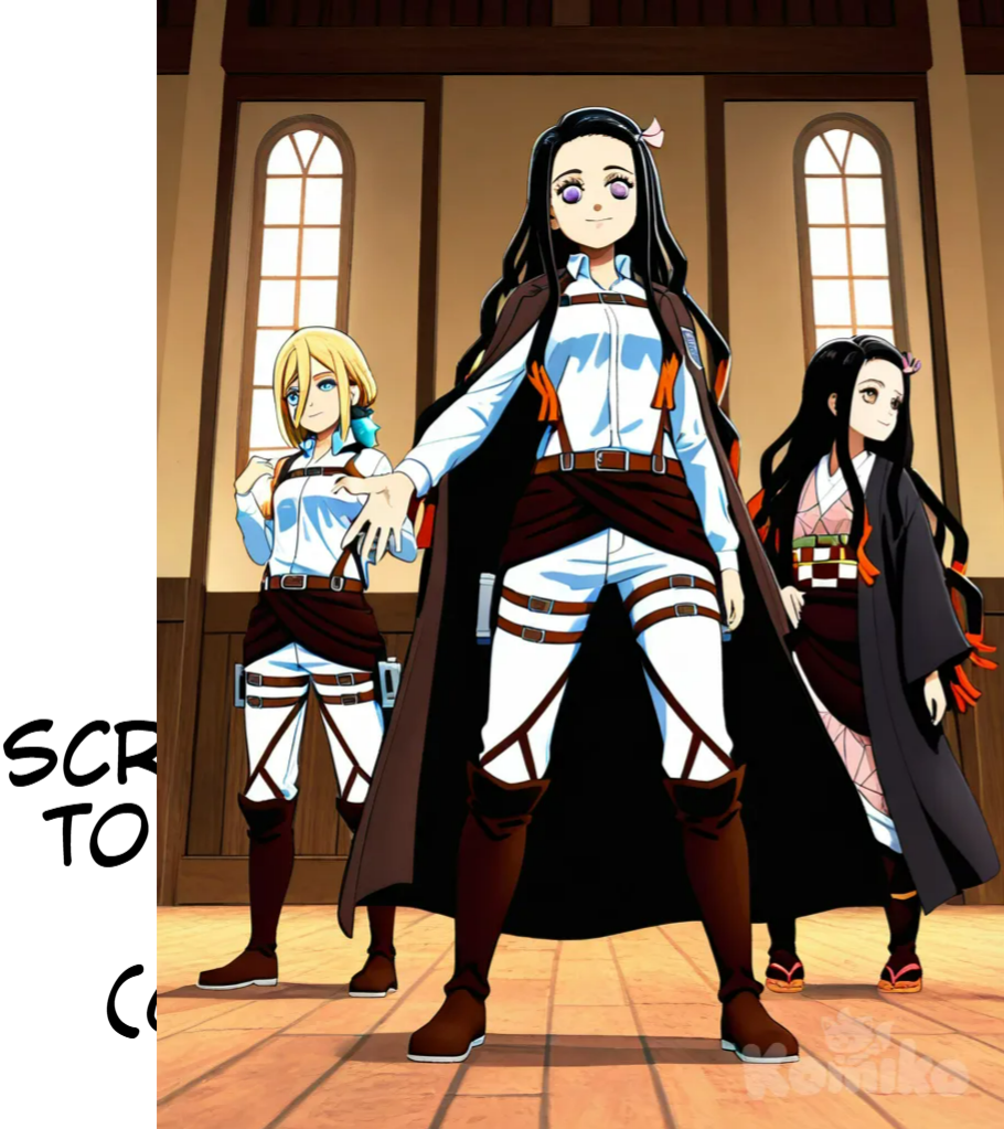 3people, 2boys, 1girl, Eren Yeager, Levi (Shingeki No Kyojin), Krista Lenz, anime coloring, oil-pasto style, 3d model, singing, smile, expressionless, smirk, full body, side light, 1boy, Kamado Nezuko, Kochou Shinobu