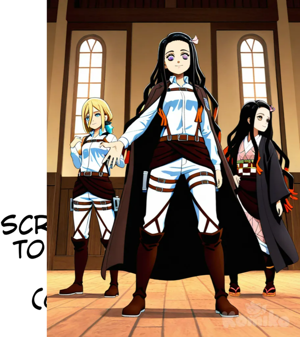3people, 2boys, 1girl, Eren Yeager, Levi (Shingeki No Kyojin), Krista Lenz, anime coloring, oil-pasto style, 3d model, singing, smile, expressionless, smirk, full body, side light, 1boy, Kamado Nezuko, Kochou Shinobu