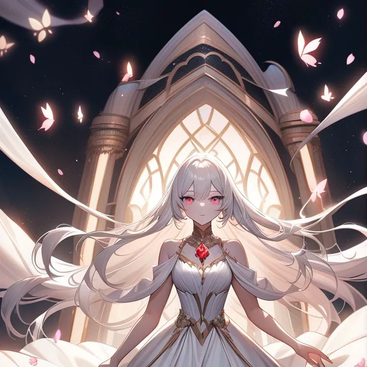 An elegant, masterfully anime-style female character with flowing white hair and crimson eyes stands poised in the center of an ultra-surreal fantasy realm. She gazes toward the viewer with serene confidence, surrounded by floating cherry blossoms and luminous butterflies suspended midair. Her silken gown cascades to the ground in soft folds, and a gentle breeze lifts strands of her pearlescent hair. The lighting is soft and cinematic, with warm glows on her face and cool highlights on her gown. Ultra-anime rendering, rich gradients, 8K illustration quality. She finishes her dance in a graceful deep bow, her flowing white hair draping elegantly over her shoulder. The hem of her silken gown settles gently into place, while luminous butterflies form a glowing halo around her. Floating cherry blossoms glow faintly in the air, casting a dreamy radiance on her silhouette. Stardust particles drift between foreground and background, with cinematic depth of field and ultra-anime rendering in 8K.