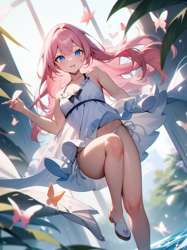 long hair, long legs, leg up, pink hair, butterfly, wings, 1girl, white bikini, blue eyes