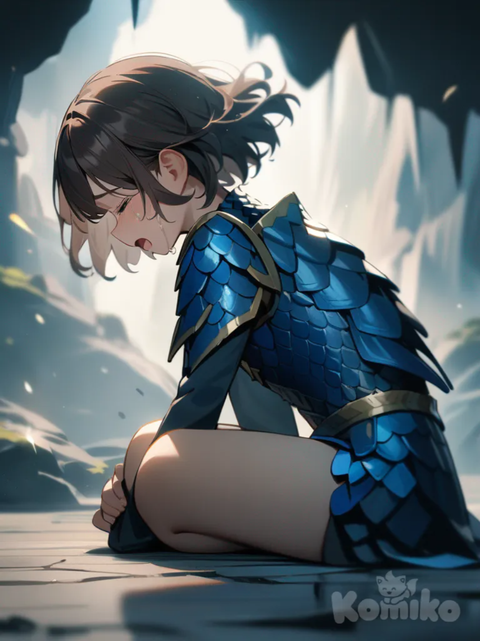 1girl, crying, on knees, blue dragon scale armor, wavy hair, short hair, dark brown hair, closed eyes, side profile photo, full body, dark cave, tears falling