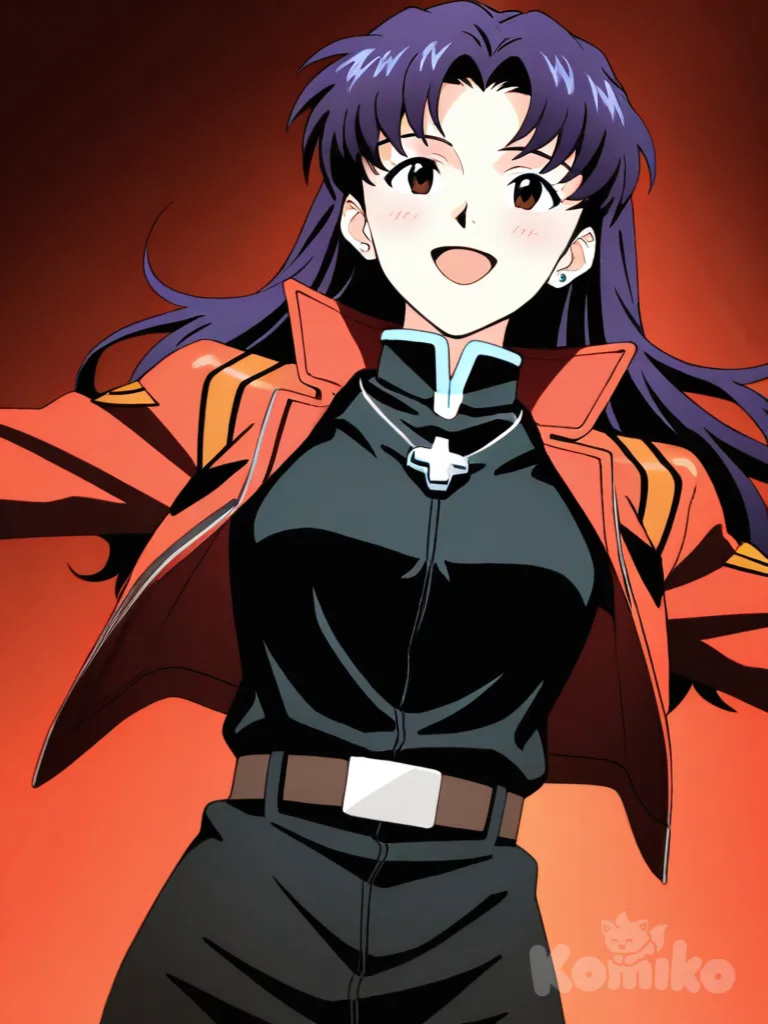 katsuragi misato, neon genesis evangelion, happy, blush, dramatic pose, dramatic lighting, Tokyo, anime screencap