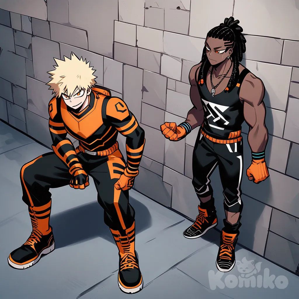 Katsuki bakugo, looking up at 1male, my hero academia style, teenager, tall, athletic, muscular, shy smile, dark black skin, long hair, blonde hair, dreadlocks, ponytail, orange eyes, agents wall, futuristic black and orange full body armor, futuristic back and orange knuckle gloves, futuristic black an orange boots, necklaces, futuristic black and orange Punk goggles on head, background ally way, daytime
