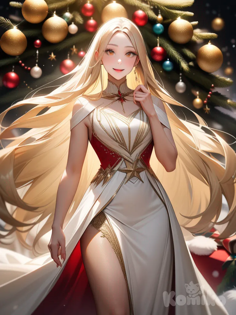 An ultra-photograph shows a full-length, athletic, beautiful, and slender 25-year-old woman with a realistic body. capturing a stunning woman stand with super-long, straight blonde hair Her brown eyes radiate confidence with a radiant smile dressed in a festive red and white ensemble whit miniskirt. She is standing amidst a magical Christmas Wonderland, surrounded by shimmering lights, intricate decorations, and snow-dusted trees. She is enveloped in a soft, gently falling snow, adding to the enchanting atmosphere. The warm glow of seasonal lights glimmers in her eyes as she beams a joyful smile, exuding an aura of wonder and delight., transforming it into a cherished Christmas memory or gift that will be treasured for years to come.