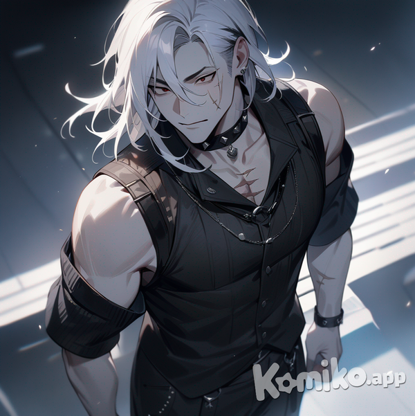 1boy, mature, white hair, red eyes, dimple, scar, fair skin, pale skin, рубашка, wide-leg pants, studs, vest, choker, с правой стороны на пряди полосы как в эмо, волосы до плеч, рваная прическа
