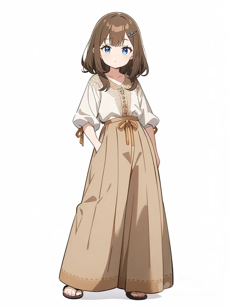 1girl, petite, brown long hair, blue eyes, fair skin, bohemian shirt, wide-leg pants, hairpin, single character, full body, looking at viewer, anime style, simple background, white background