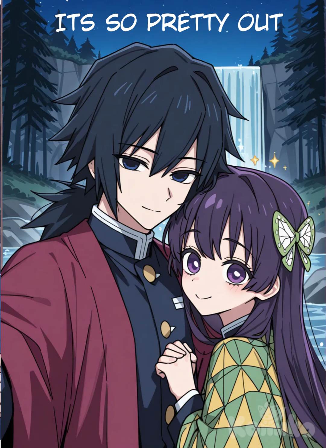 1boy, 1girl, 2people, [toon-shaded-style]Girl with curly hair, straight hair,Fluffy hair,Blue hair,Purple hair, black hair, very long hair, purple eyes, demon slayer uniform, Space themed Haori,Olive skin, hair bow, holding hands, smile with , Tomioka Giyuu, upper body, sparkle, night, twilight, blue sky, forest,Waterfall