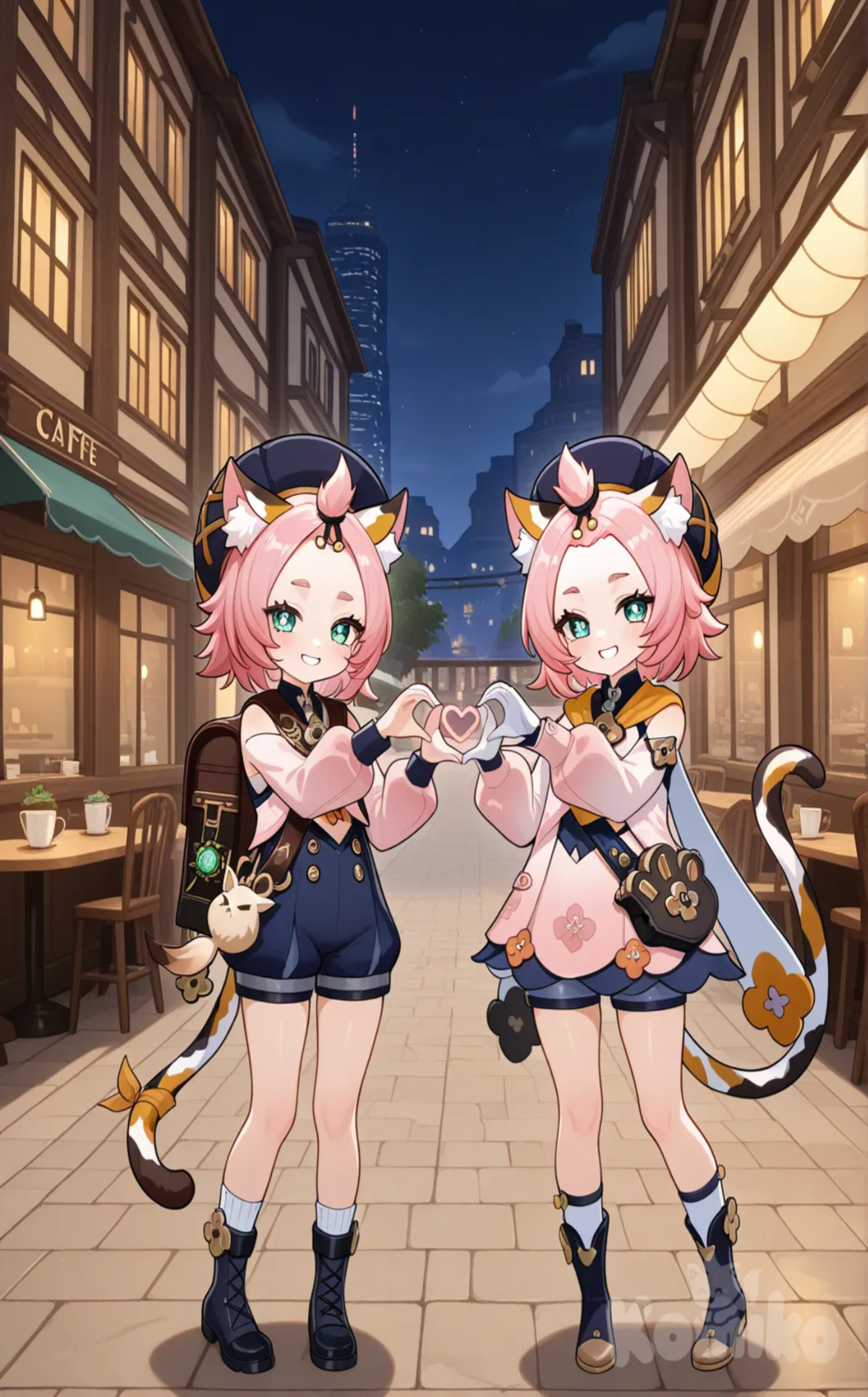 @Dodoco_(Genshin_Impact), @Diona_(Genshin_Impact), 2girls, heart hands, full body, city lights, cafe