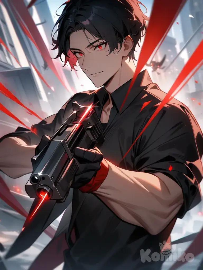 A man with short black hair, red eyes, a black shirt, and has a Dark Red Aura and glowing red eyes, Sambi smiles evilly and underestimates the enemy, revolver, drone
