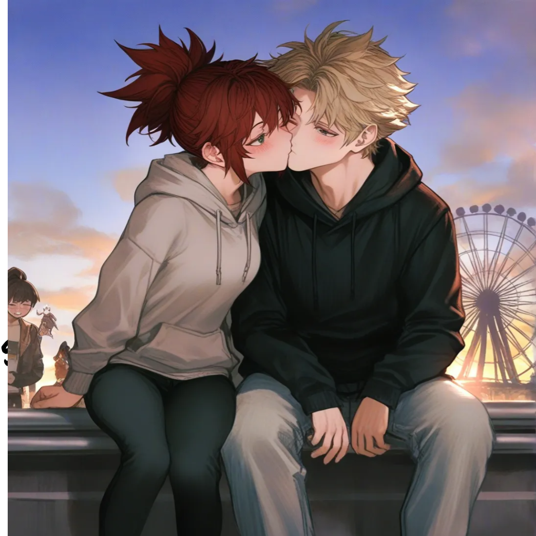 1boy and 1girl, 2people, [semi-realistic-portrait-style], kissing, blush, one eye closed, hoodie, casual pants, blonde hair, spiky hair, high ponytail, full body, twilight, blue sky, ferris wheel