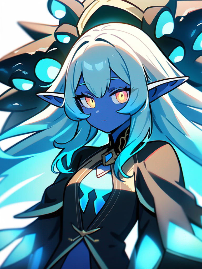 1girl, sea elf, abyssal sorceress, luminescent turquoise skin, long silver-blue hair, opalescent eyes, coral bracelets, glowing barnacles, curious, empathetic, soft-spoken, sea chants, single character, upper body, looking at viewer, anime style, simple background, white background