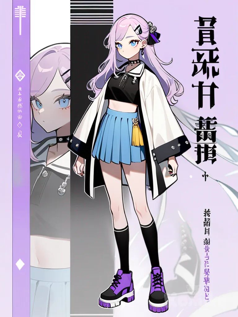 1girl, nhân vật gốc trong vũ trụ Demon Slayer, thiếu nữ, cao, mảnh khảnh, tóc dài thẳng màu hồng tím, mắt xanh, da trắng, áo crop top polo, haori rộng, váy xếp ly ngắn, áo mưa, điểm nhấn đính đinh tán, tóc mái, kẹp tóc, phụ kiện tóc, choker, hoa tai, đồ trang sức, tất cao đến đầu gối, single character, full body, looking at viewer, Demon Slayer style, simple background, white background