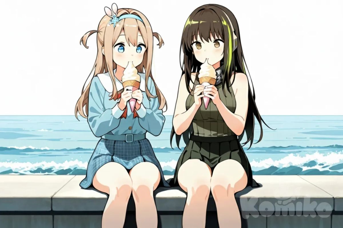 2girls, (m4a1 (girls' frontline)), (Suomi (Girls' Frontline)), both girls sitting on ledge by the sea eating ice cream, full body, highest quality, intricate details, face, direct front shot