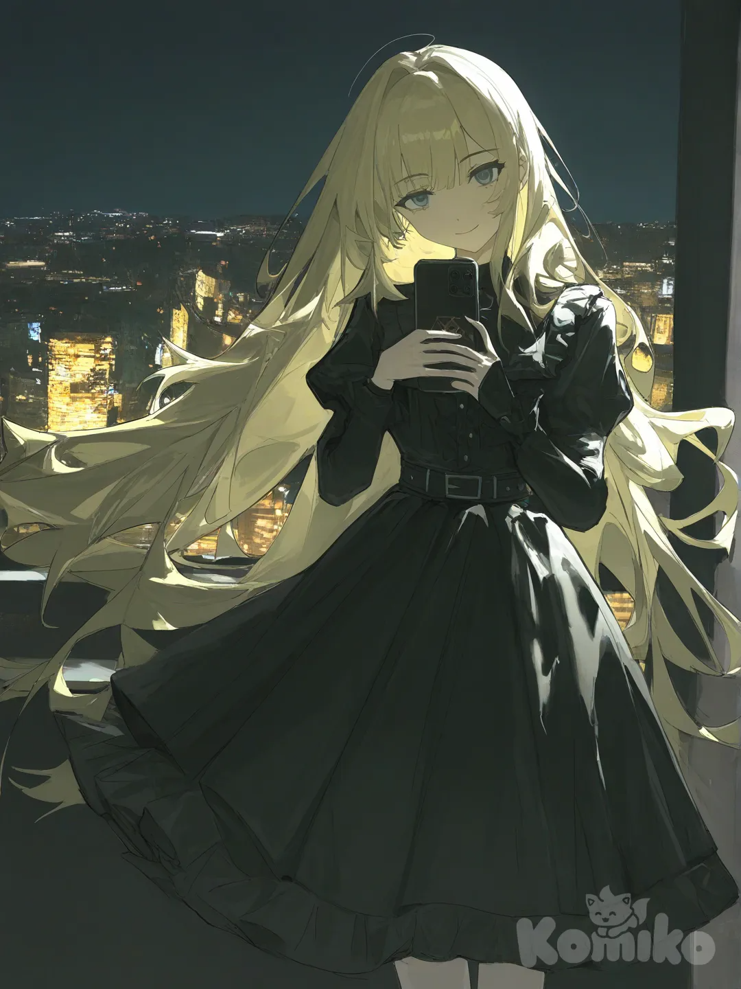 1girl, [desaturated-illustration-style], head tilt, A blonde-haired girl in a black gothic dress, holding a smartphone, standing in dim light with a mysterious expression.
, smile, night, cityscape