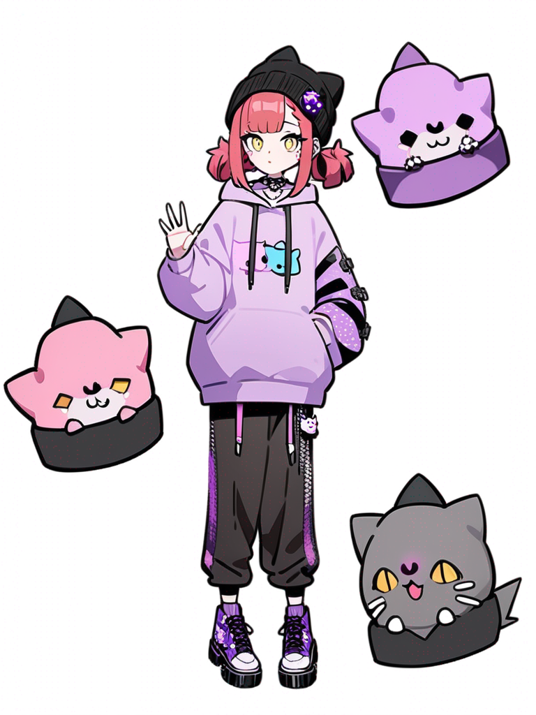 1girl, bright red hair, yellow eyes, pastel goth style, casual oversized hoodie, fitted casual pants, stylish beanie, digital watch, cute leopard-themed accessories, short spiky hairstyle, single character, full body, looking at viewer, anime style, simple background, white background