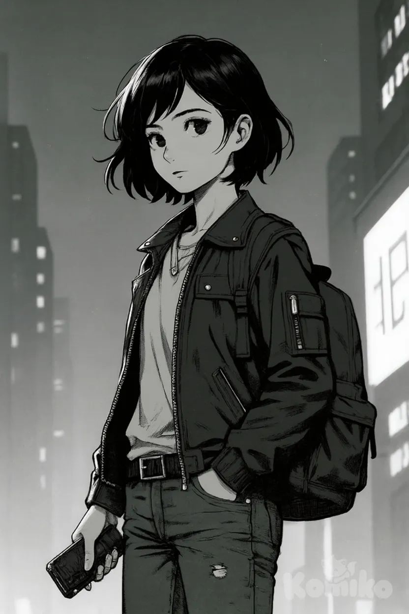 12-year-old girl, short black hair, tomboy style, confident expression, youthful face, adventurous, oversized jacket with pockets, jeans, backpack, futuristic wristwatch, sneakers