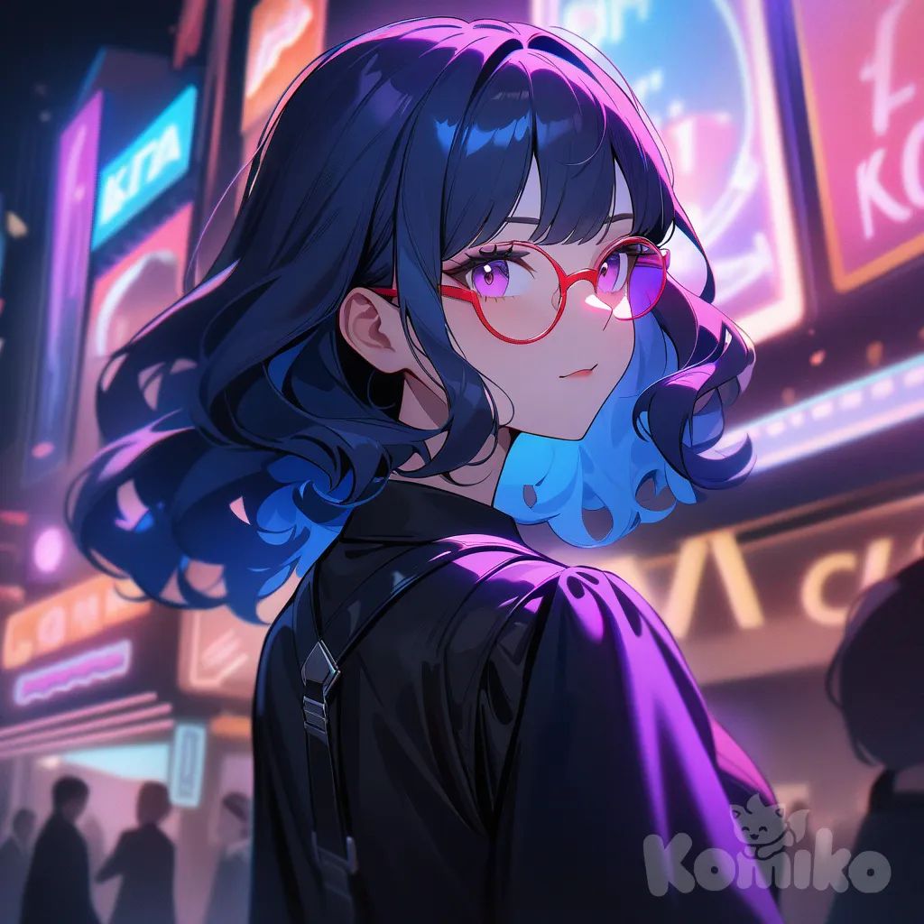 1 Girl , round face, purple eyes, blue hair, short wavy hair , red glasses, kita high portrait, neon lights, cityscape, American comic style, looking back, little black dress