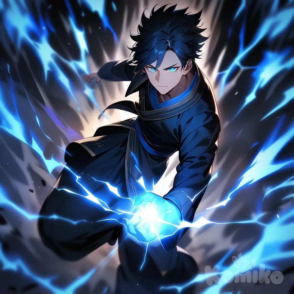 The character has a striking and mysterious presence.

Eyes: His glowing, bright blue eyes are the most noticeable feature, radiating power and otherworldly energy.

Aura/Energy: Surrounding him is an electric, crackling aura of blue light, almost like lightning, emphasizing supernatural strength or mystical abilities.

Clothing: He wears a dark, martial-arts-style outfit — loose pants and a tied shirt — suggesting a warrior background or training.

Pose: His arms are slightly outstretched, palms open, as if channeling or controlling the energy around him.

Expression/Presence: His expression is shadowed but serious, adding to his mysterious and powerful aura.

Background: A starry cosmic space surrounds him, reinforcing the feeling that he’s tied to something larger than the human world — possibly cosmic forces, destiny, or divine power.


Overall, this character looks like a mystical warrior chosen by light or energy—someone caught between human and cosmic realms, destined for an extraordinary purpose.