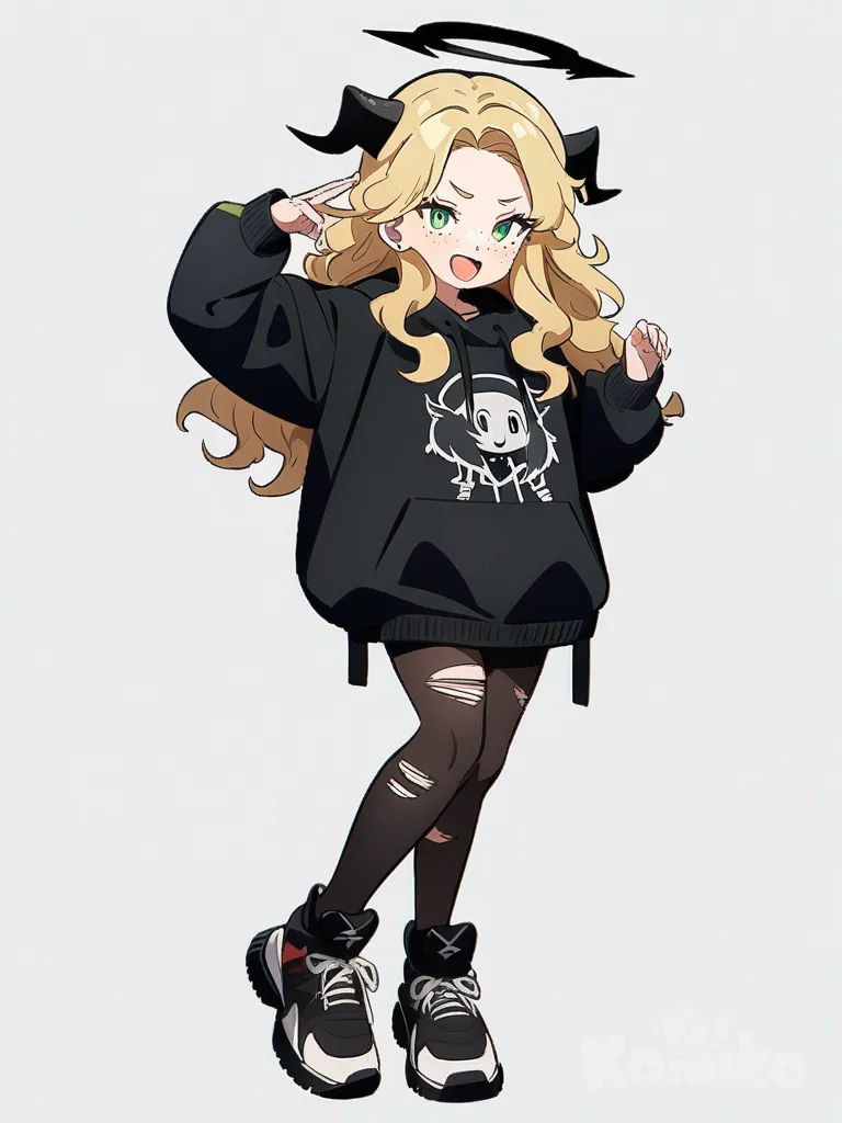 1girl, blonde wavy hair, 19 years old, green eyes, freckles, fair skin, streetwear outfit with ripped tights, small black devil horns, tilted angel halo, super happy expression, single character, full body, looking at viewer, anime style, simple background, white background