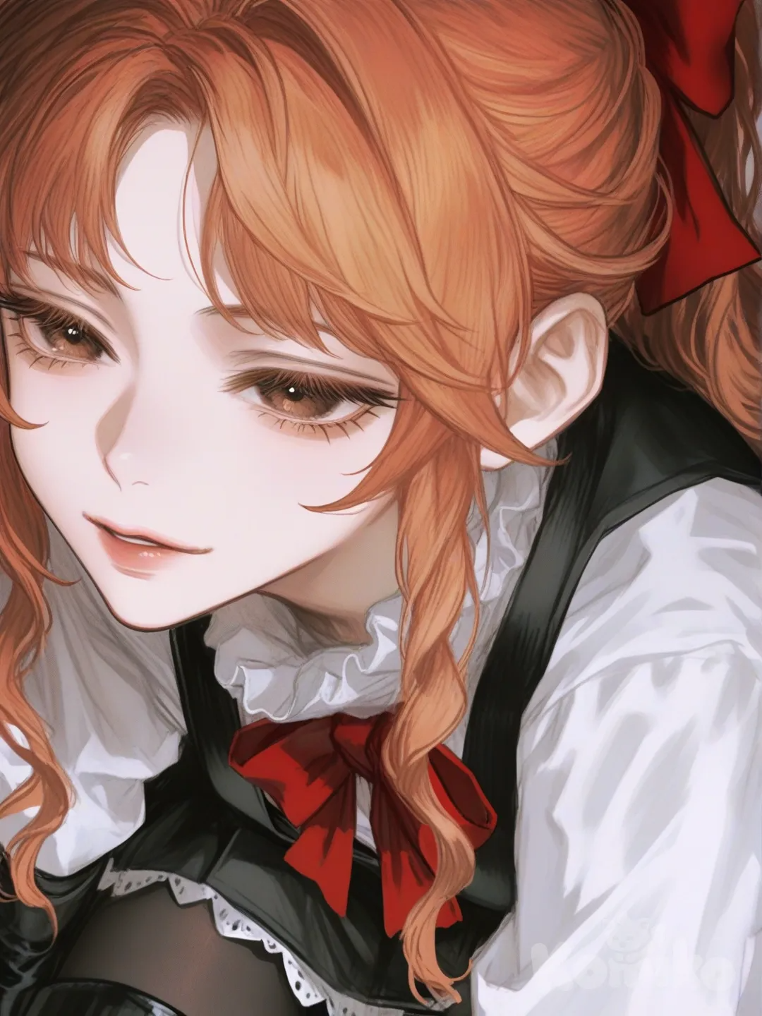 1 girl, solo, long hair, orange hair, brown eyes, long ponytail, wavy hair with a puffy fringe that covers her forehead, cut bangs, medium-length sidebangs which curl into her face, long black sleeves, white shirt underneath, black jacket, red bow on the chest, black skirt, pantyhose, black boots., 1girl, [semi-realistic-portrait-style]