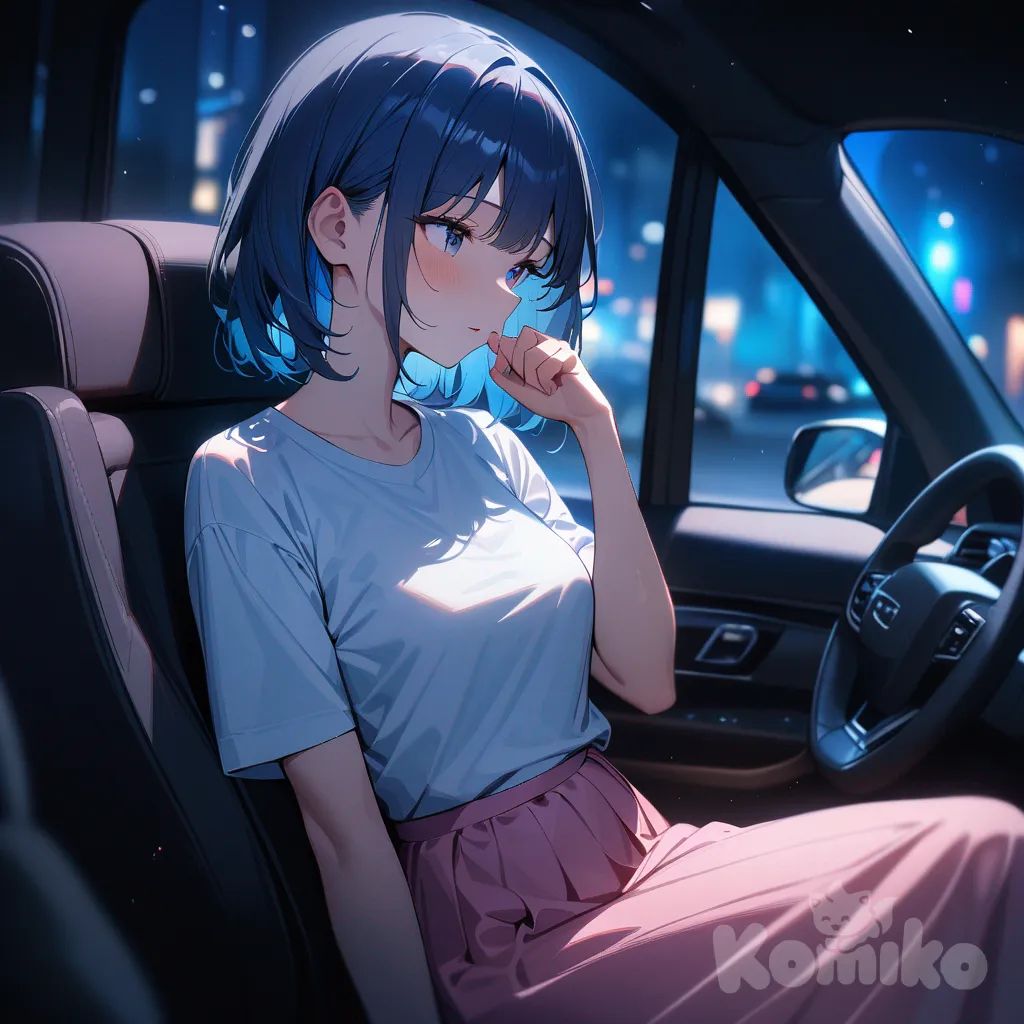 1girl,solo,cowboy shot,blue hair,upper body,car,Sitting in a seat,at midnight,medium breasts,White t-shirt, pink long skirt