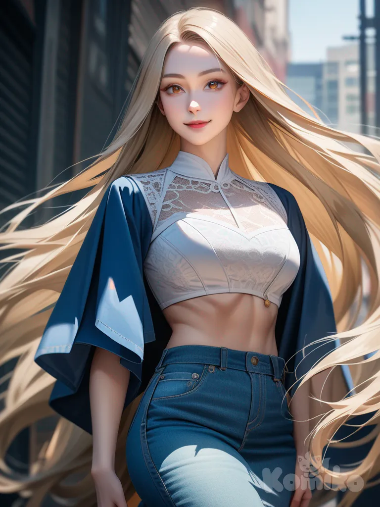 An ultra-photograph shows a full-length, athletic, beautiful, and slender 25-year-old woman with a realistic body. capturing a stunning woman stand with super-long, straight blonde hair Her brown eyes radiate confidence with a radiant smile , dressed in a unique and fashionable cowboy outfit , a white lace blouse, and a denim blue miniskirt, stands gracefully in a sunlit countryside setting. Behind her, a quaint windmill turns slowly under a bright blue sky dotted with fluffy clouds. In the foreground, a treble clef is elegantly placed at her feet. El fondo realza la silueta de la mujer. Su cabello luce liso y bien definido, con suaves notas musicales y el nombre "Luis Arcy" flotando suavemente alrededor de sus pies.
