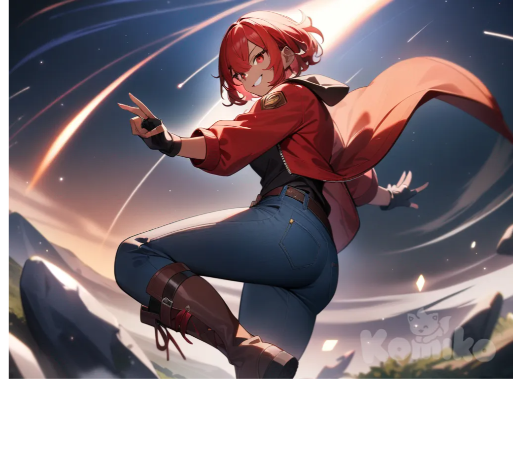 1girl, red hair, pokemon, blue jeans, red eyes, dark-skinned female, solo, smirk, short hair, shooting star, fingerless gloves, boots, red jacket, black shirt