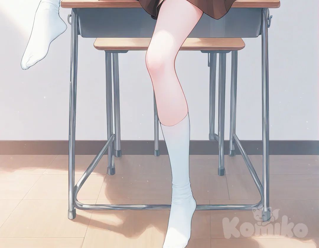 @Eevee, 拟人, school uniform, 白色上衣, 棕色裙子, full body, closeup, classroom, blush, smile, one eye closed, [soft-pastel-style], 坐在书桌上, white socks