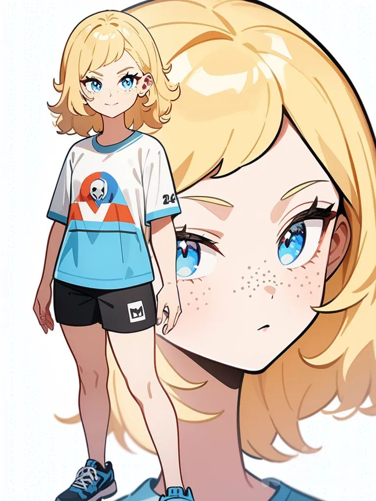 1girl, Marvel style, superhuman, original character, teenager, athletic, blonde hair, blue eyes, freckles, fair skin, t-shirt, beach shorts, single character, full body, looking at viewer, anime style, simple background, white background