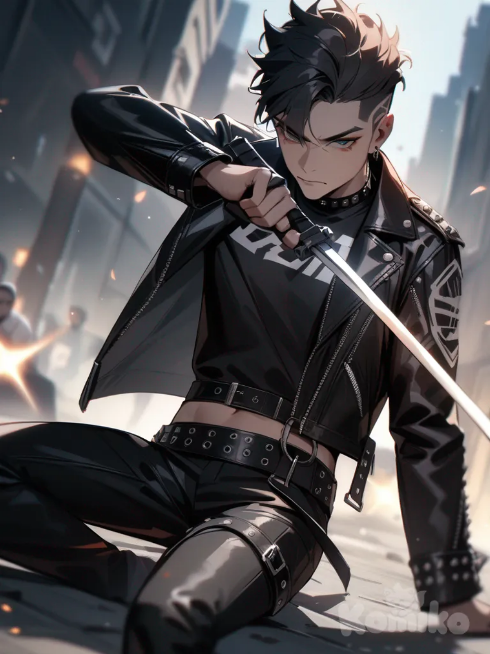 jedi boys, holding sword, holding gun, sitting on the ground, punk leather jacket, cowboy shot