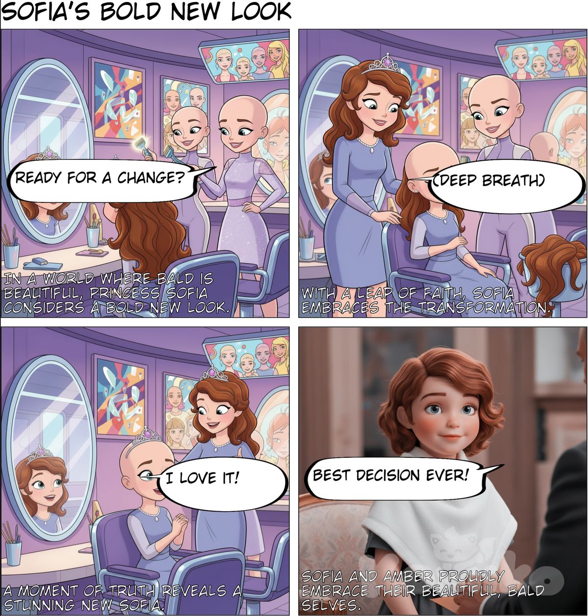 sofia the first au where she goes bald permanently at a salon in a world where woman and girls do it and love it amber did it before her