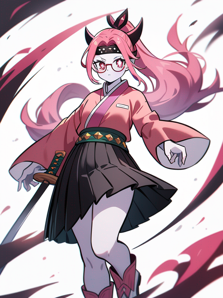 1girl, touchup on face, pink red kurta, ponytail, vibrant hair, sparkling eyes, fantasy outfit, headband, glasses, studs, Demon Slayer style, original character in the world of Demon Slayer, pleated skirt, single character, full body, looking at viewer, anime style, simple background, white background, pale skin
