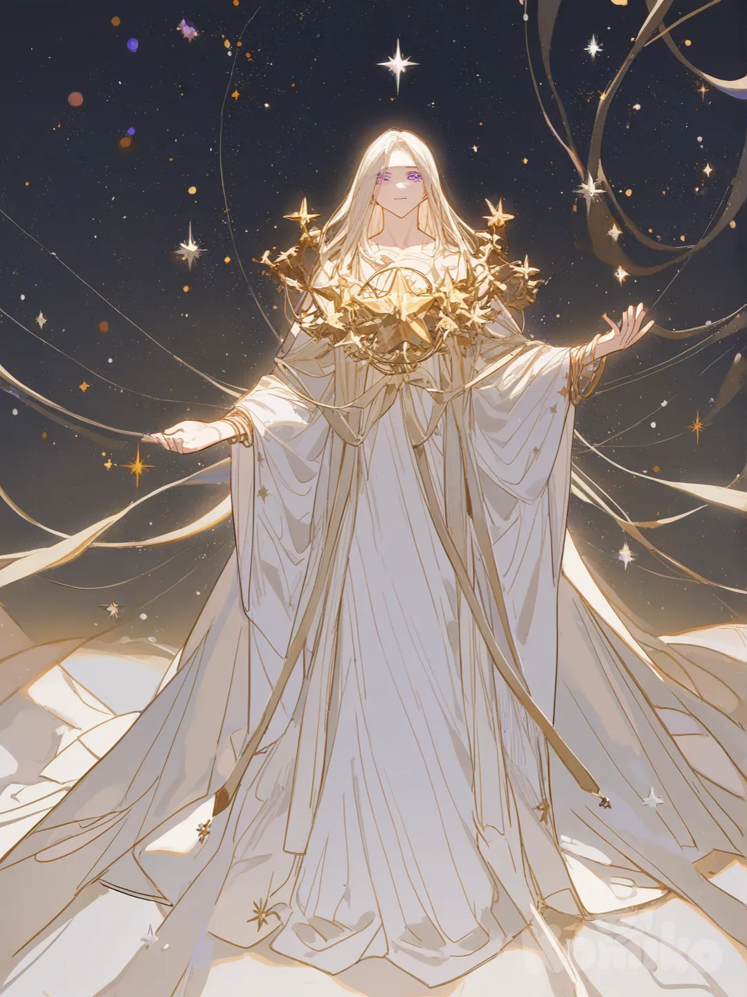 1boy, [lacquered-illustration-style]Ethereal beings born from dying stars, with shimmering skin, galaxy-like eyes, and hair shifting in cosmic colors. They wear robes of astral silk and floating crystal ornaments. Masters of light and void, they wield starlight blades and sing songs that bend reality. Mysterious wanderers, they offer mortals forbidden cosmic knowledge.