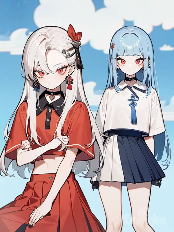 1girl, Demon Slayer style, original character, vampire, teenager, slim, short, sky blue hair, straight long hair, red eyes, fair skin, polo shirt, crop-top shirt, pleated skirt, raincoat, studs, tassels, choker, hairpin, hair accessory, jewelry, earrings, guốc gỗ cao, single character, full body, looking at viewer, anime style, simple background, white background