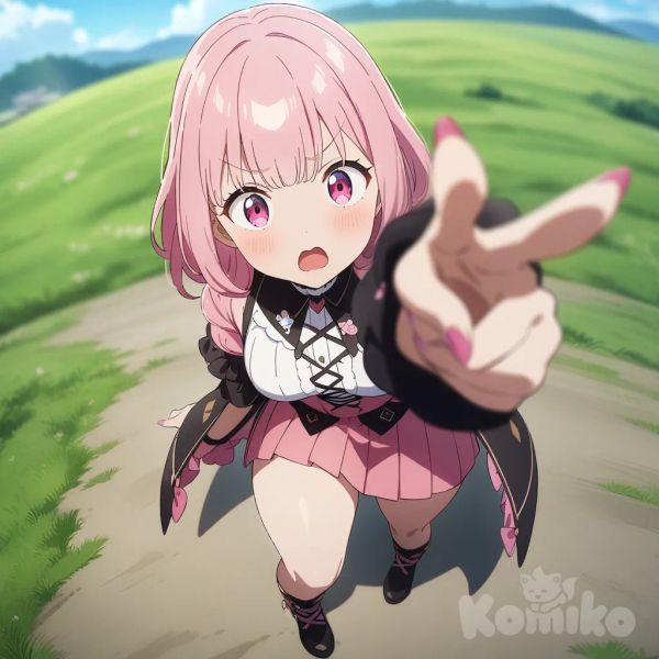 anime coloring, 1girl, kawaii outfit set, pink hair, pink eyes, pink nails, medium breasts, thick thighs, pointing at viewer, shocked, grassland, day, looking at viewer, blurred background, full body