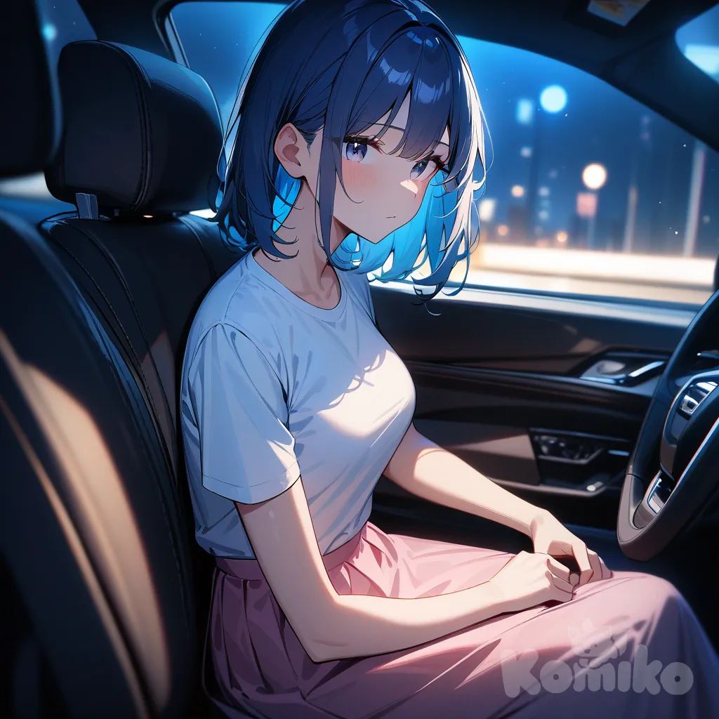 1girl,solo,cowboy shot,blue hair,upper body,car,Sitting in a seat,at midnight,medium breasts,White t-shirt, pink long skirt