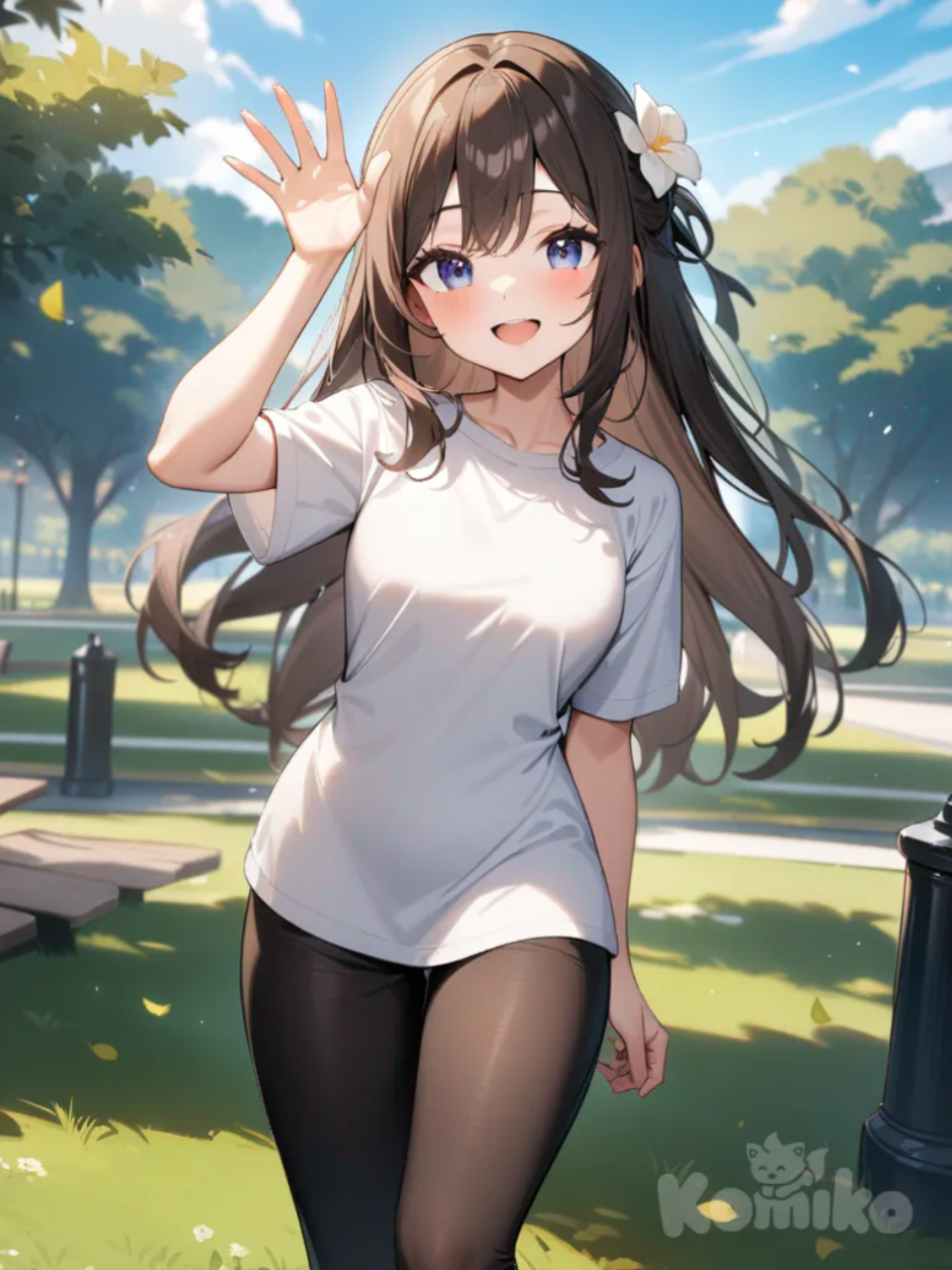 1girl, waving, blush, long t-shirt, black leggings, black boots, long hair, dark brown hair, deep blue eyes, park, hair flower